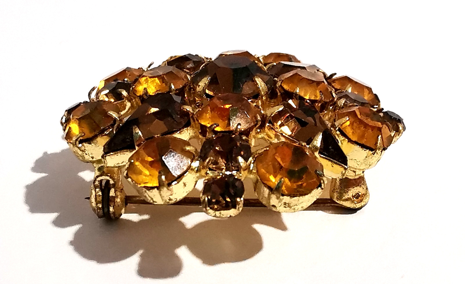Vintage Czech Brooch Yellow and Broun Faceted Glass Gilded Metal Pin Handmade