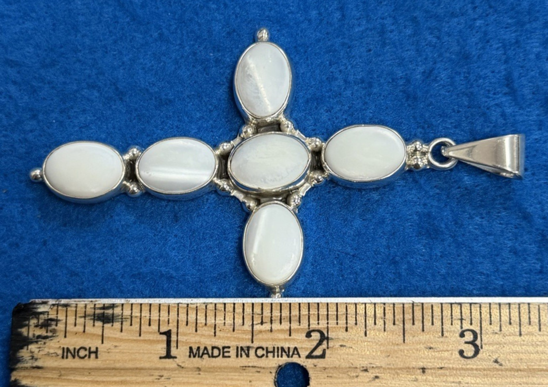 Vintage Sterling Silver Mother of Pearl Oval Cross Pendant