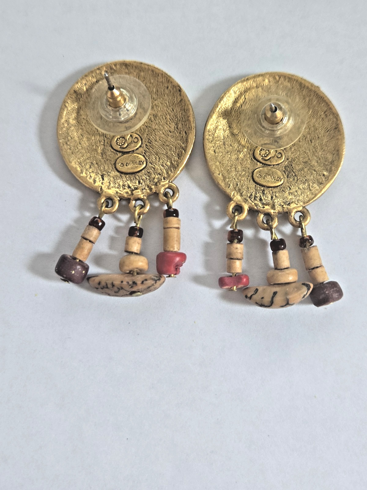 Vintage Disney Brass Lion King Tribal Symbol etched Round Beaded Earrings