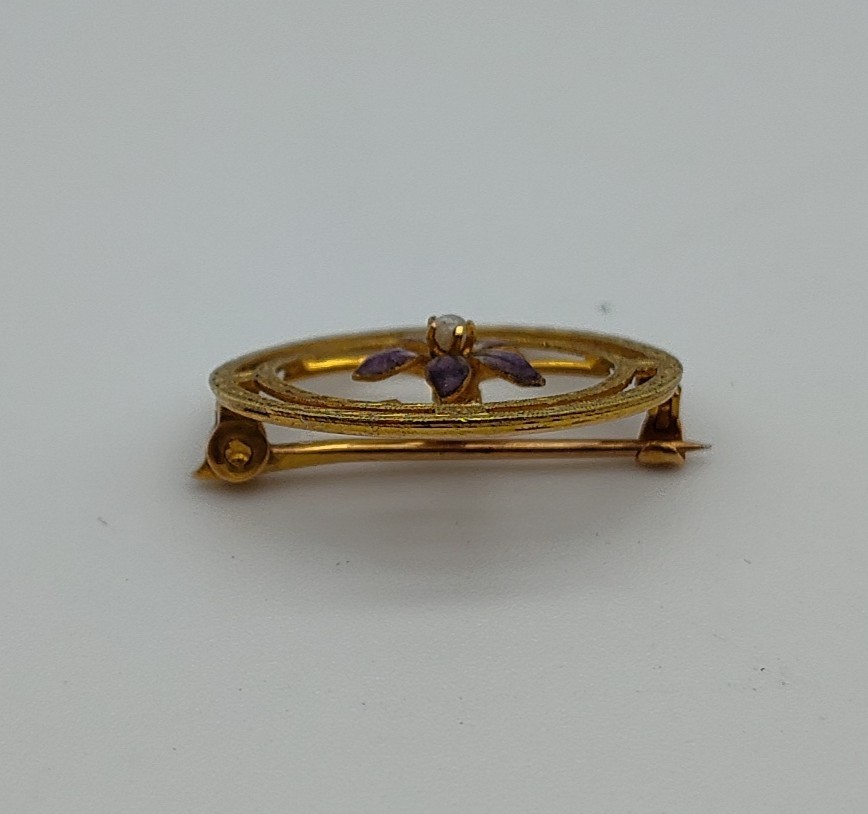 Vintage 10K Yellow Gold Circle Blue Flower Purple Violet Pearl Brooch Pin Lapel