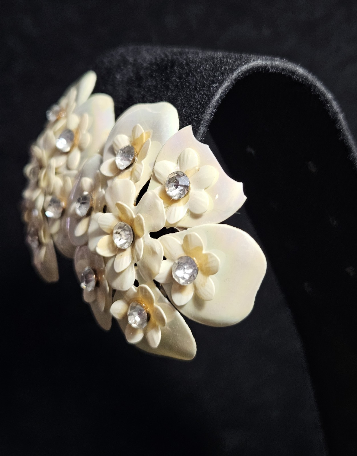 Vintage Floral Cluster Clip On Earrings Iridescent Petal Design with Rhinestone