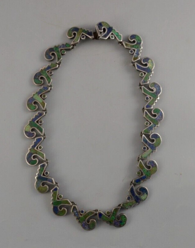 Los Castillo Mosaico Azteca 161 – Taxco Silver Mosaic Inlay Necklace – 16″