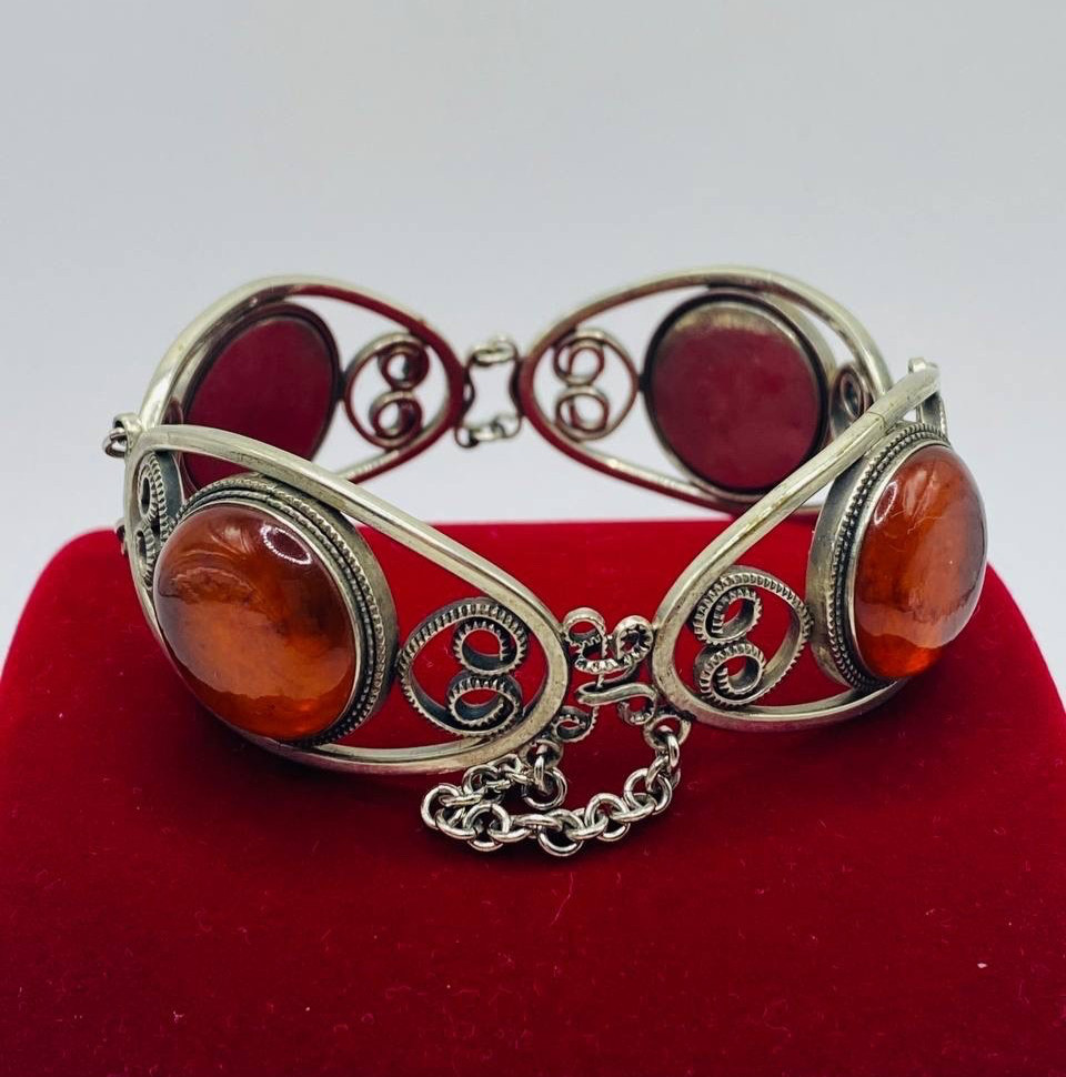 Antique Soviet filigree Chalcedony Silver Bracelet Hand Crafted