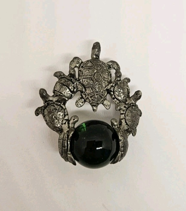 CCI Comstock Turtle Pendant Green Glass Or Crystal Stone Pewter Silver Signed
