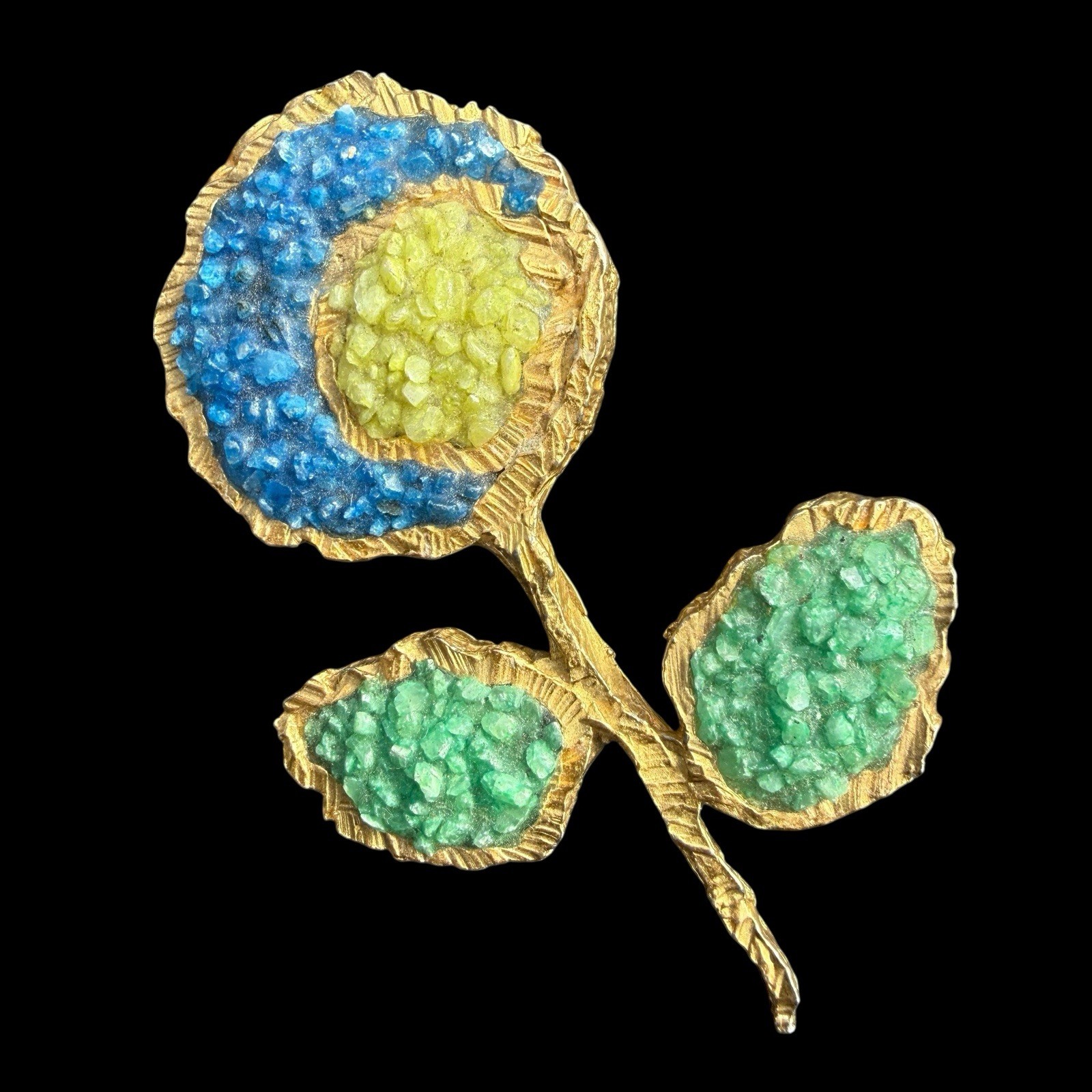 JOY Brooch Brutalist Resin PLIQUE A JOUR Sun Moon Flower Les Bernard Blue Yellow