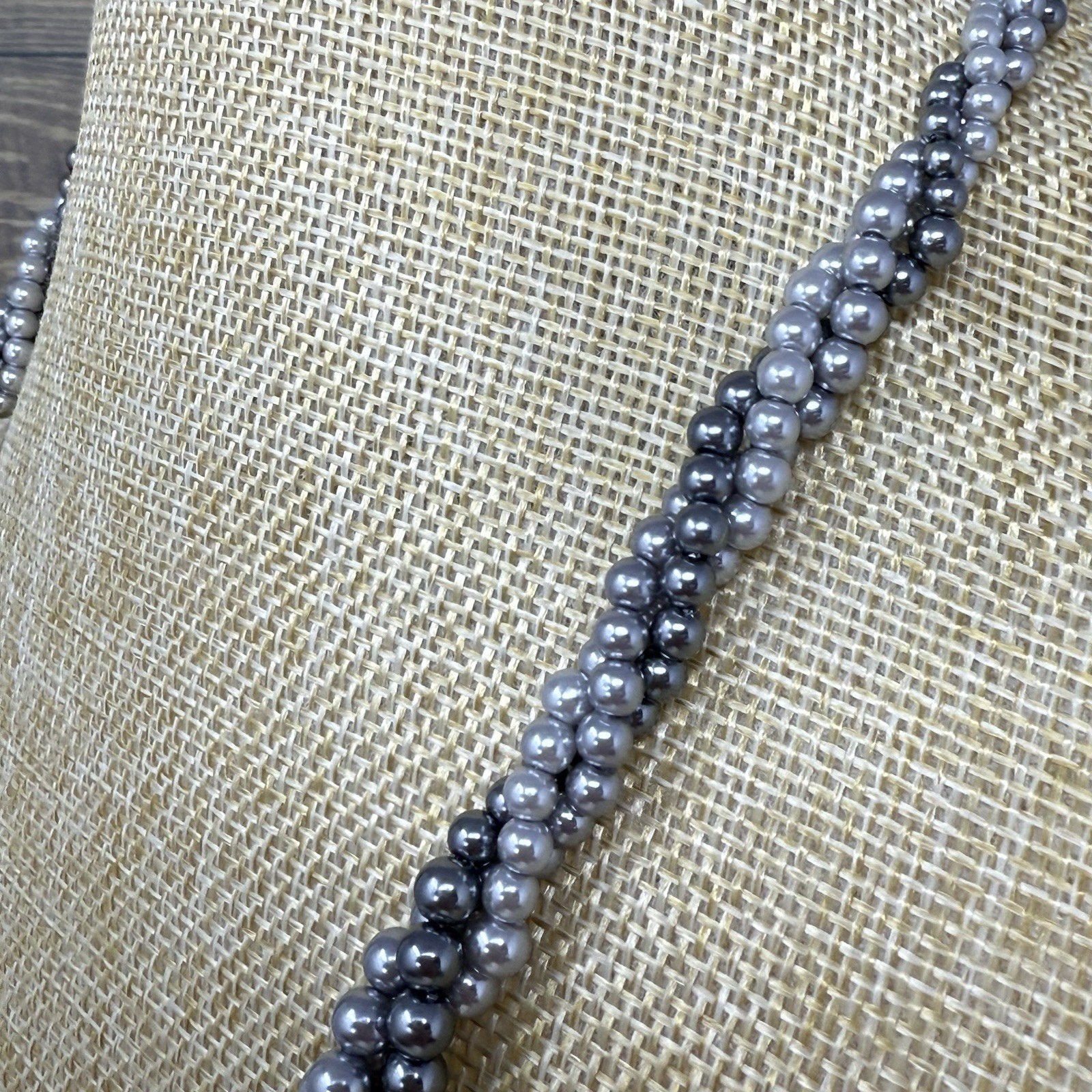 3 Strand Twisted Faux Gray Graduated Pearl Bead Necklace and Earring Set