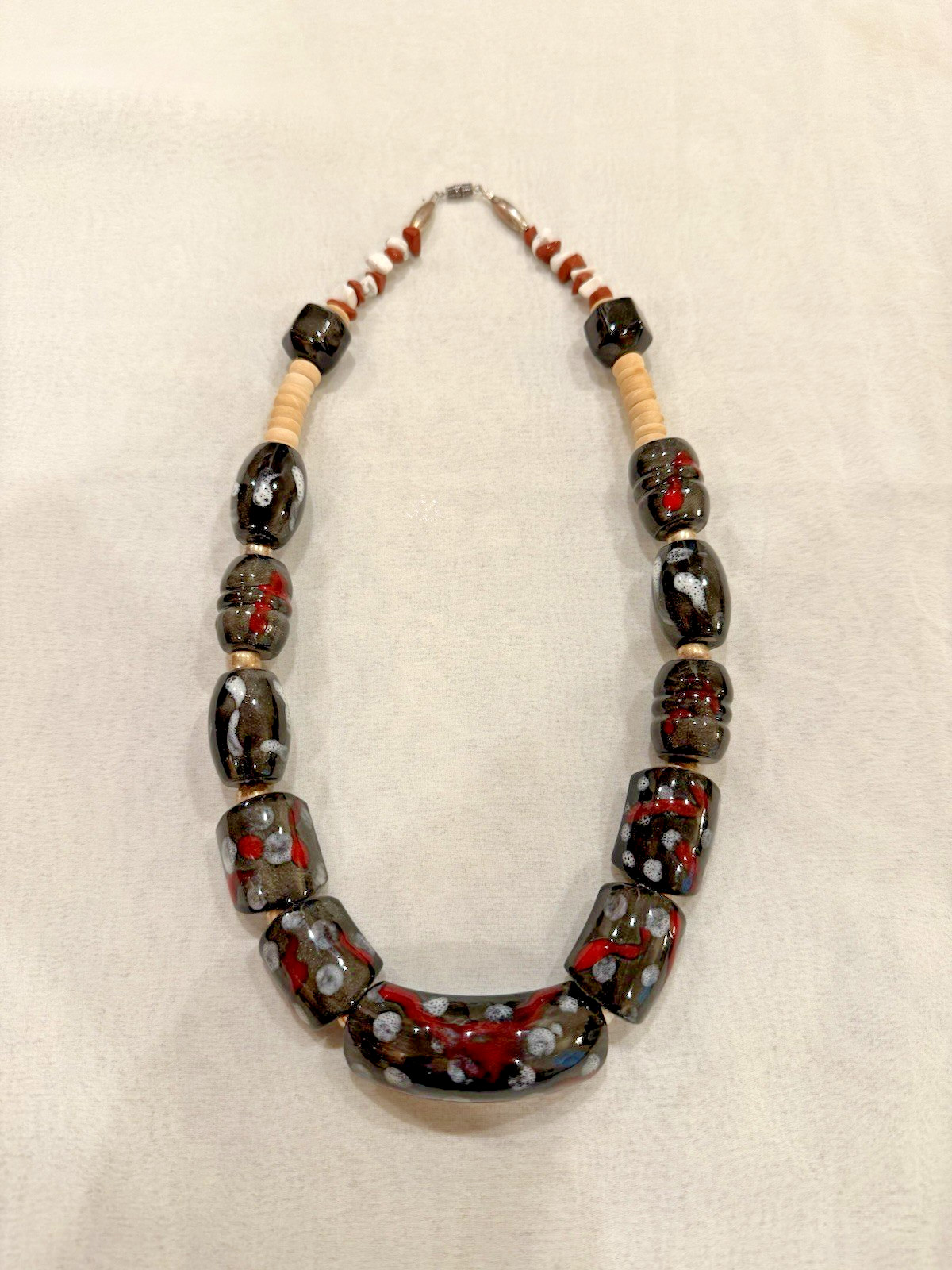 Vintage Artisan Ceramic Pottery Bead Necklace with Wood and Natural Stone Chips