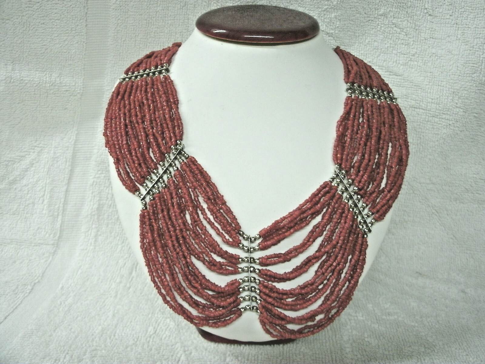 Vtg Necklace SEAD BEAD Multi Strands-Rusty Red-Silver Accent Beads