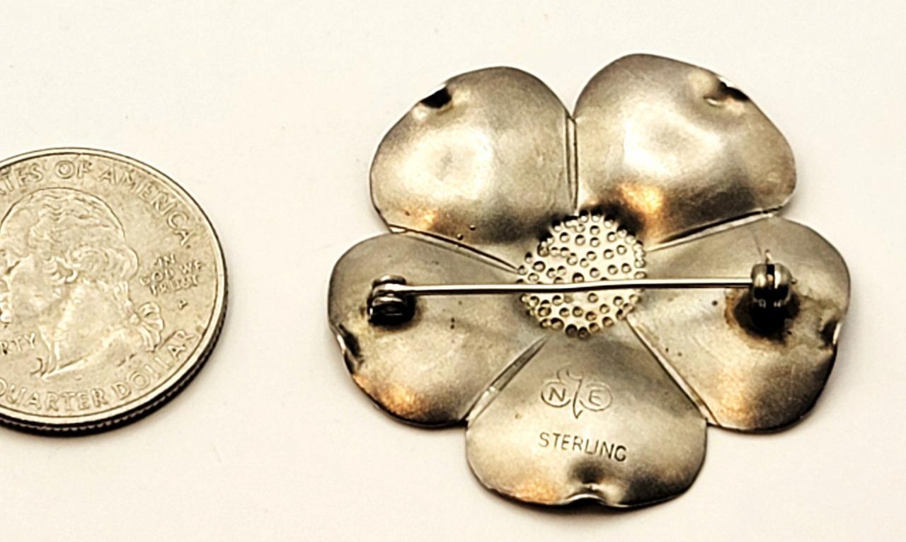 Vintage Stamped NE (Neil Erik) STERLING Denmark FLOWER Shape Brooch 4.08g