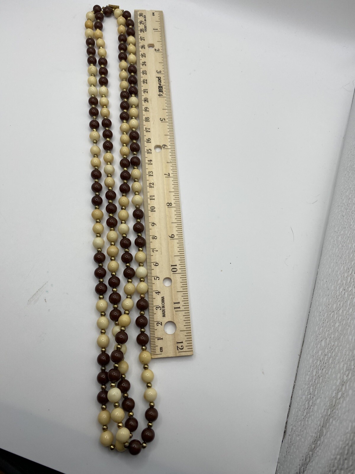 Boho Sty Layered Multi Strand Beaded Necklace Cream Brown Gold Tone Fashion Vtg.