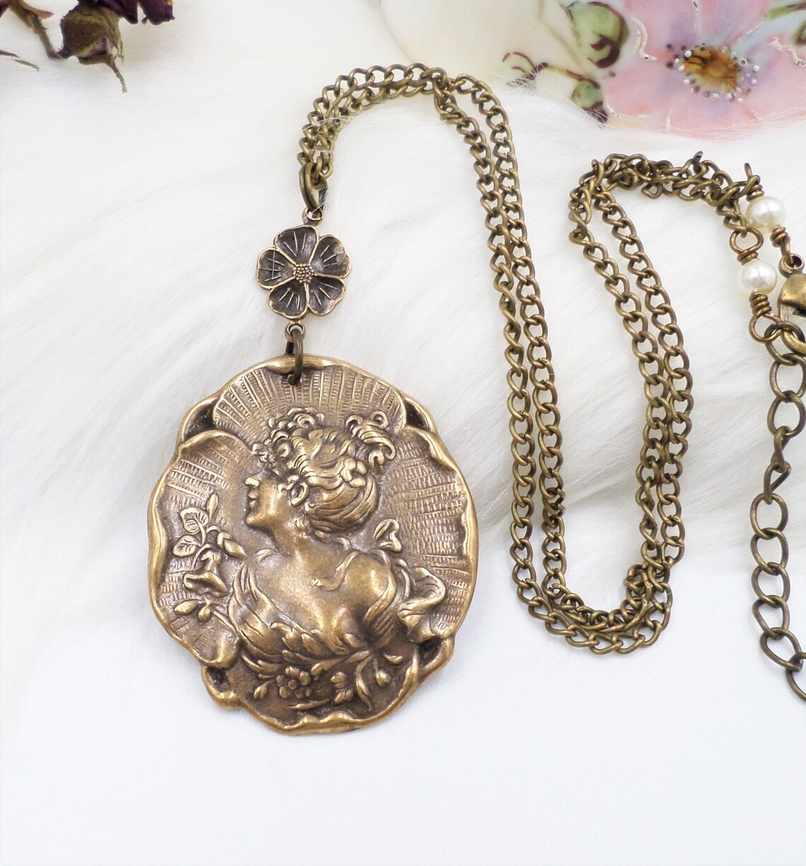 Brass Cameo Maiden Necklace, Art Nouveau Romantic Handmade Victorian Jewelry