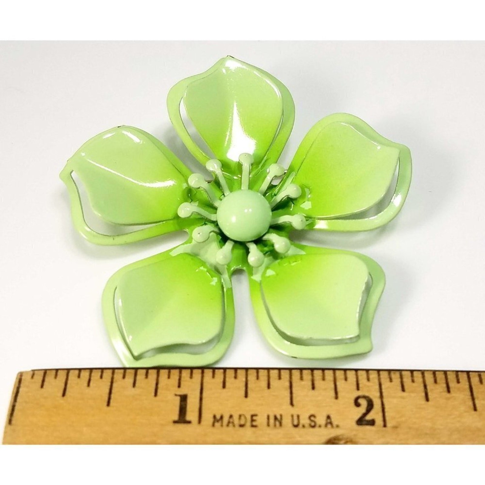 Vintage Light Green Flower Brooch, Enamel On Metal, 1960s, 2 3/8 Inches