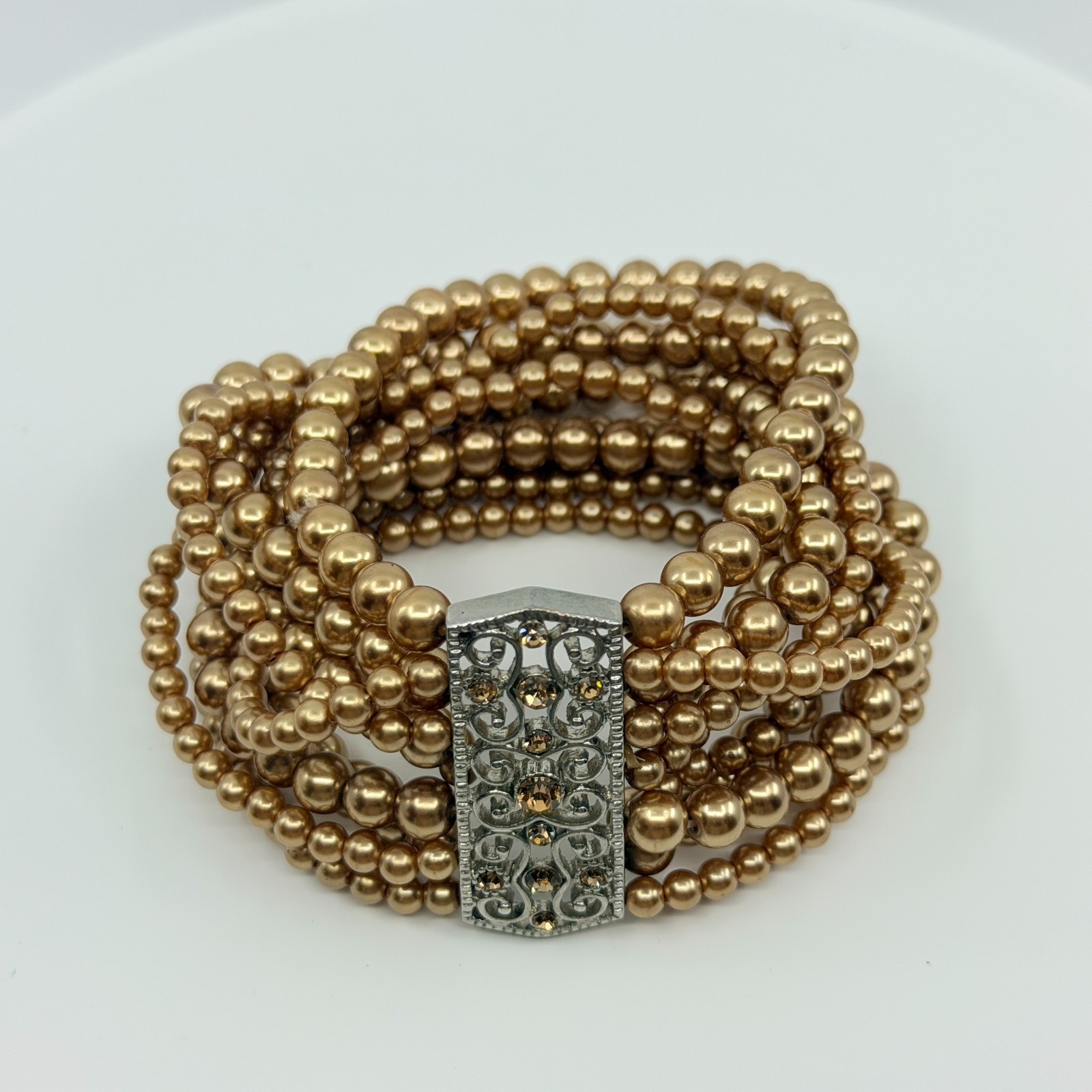 Bracelet Vintage Champagne Faux Pearl Multi Strand Silver Tone Filigree Retro