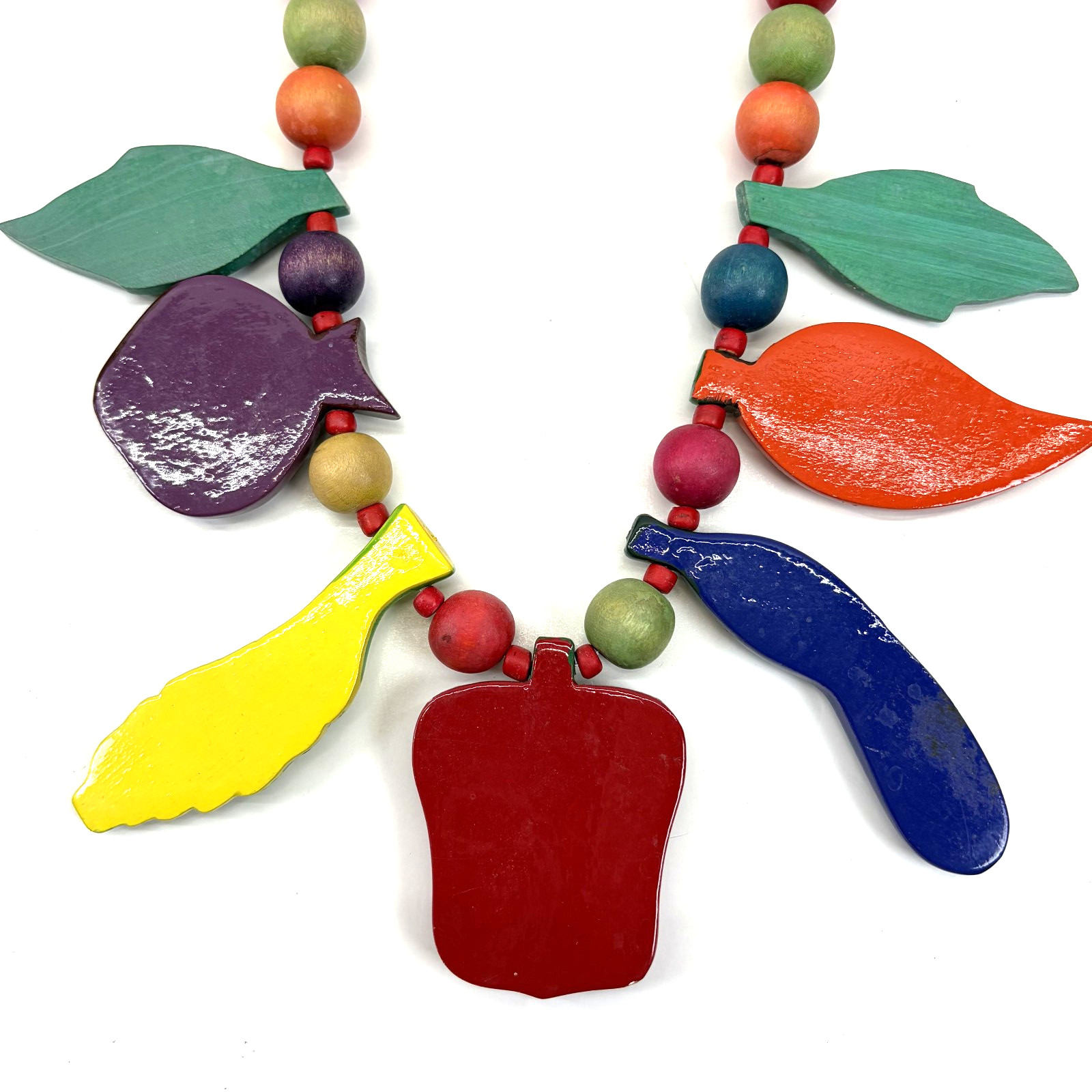 VTG 1980s Wood Vegetable Necklace Garden Farm Boho Folk Art Whimsy Cottagecore