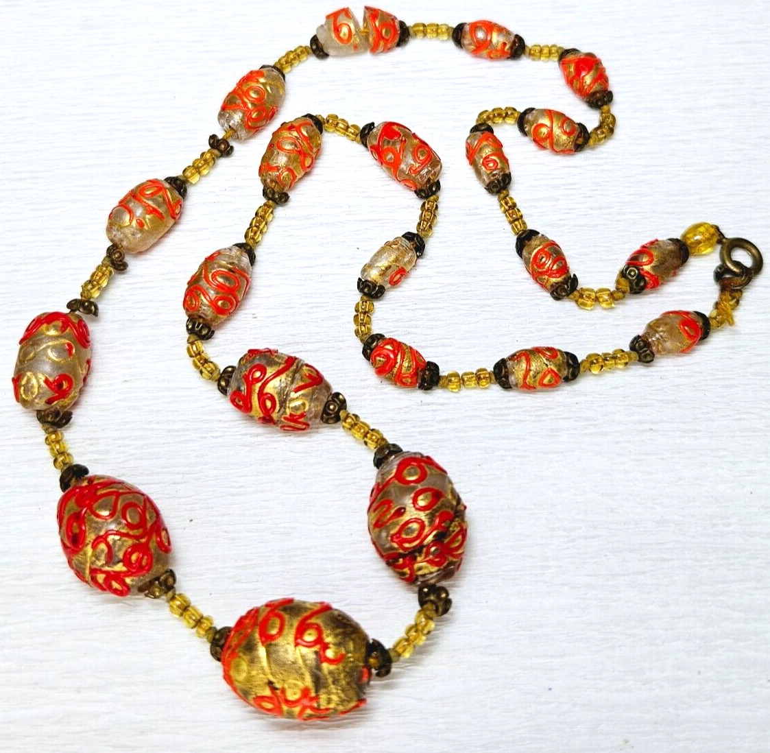 Antique Venetian Necklace Vibrant Red Looping Design Over 24k Foil Glass Bead