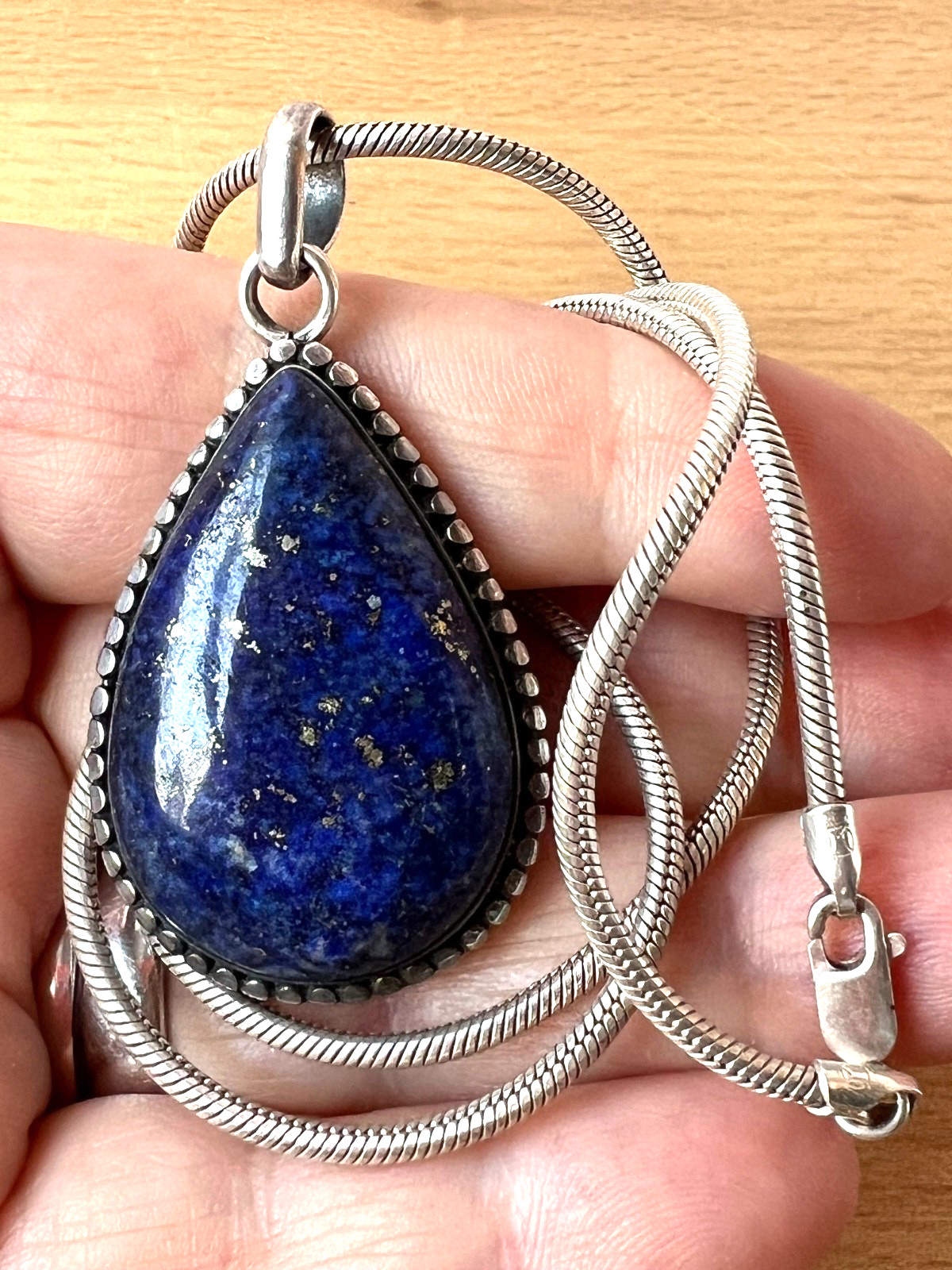 VINTAGE LARGE LAPIS LAZULI PENDANT THICK SNAKE CHAIN NECKLACE 925 STERLING SLVER