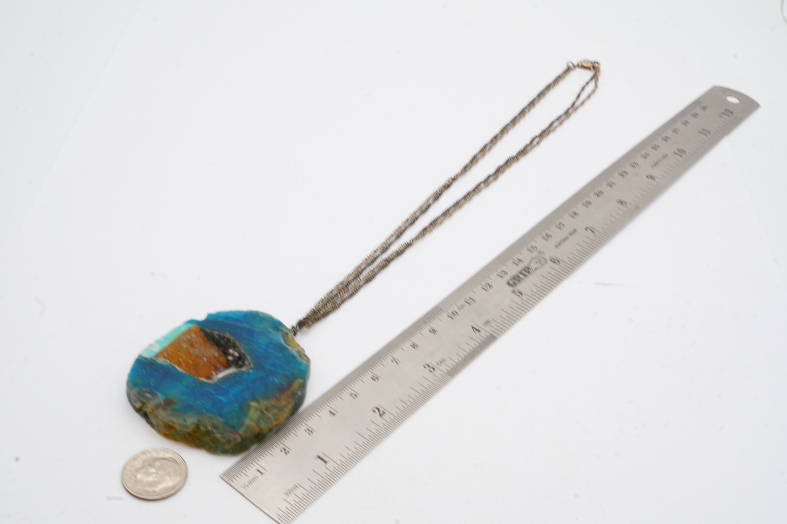 Vintage Necklace Silver Tone Blue Agate Geode 19″