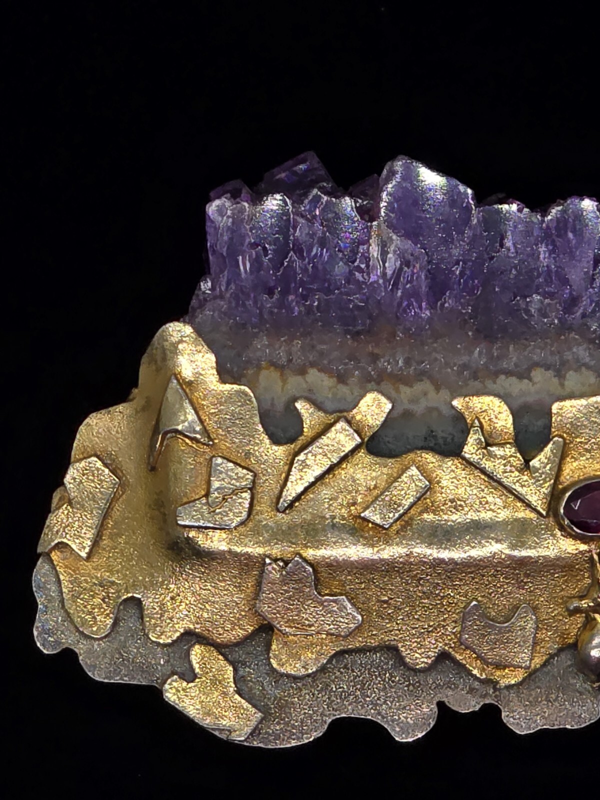 Large Vtg Artisan Sterling Silver Amethyst Geode Gemstone Brooch Pin