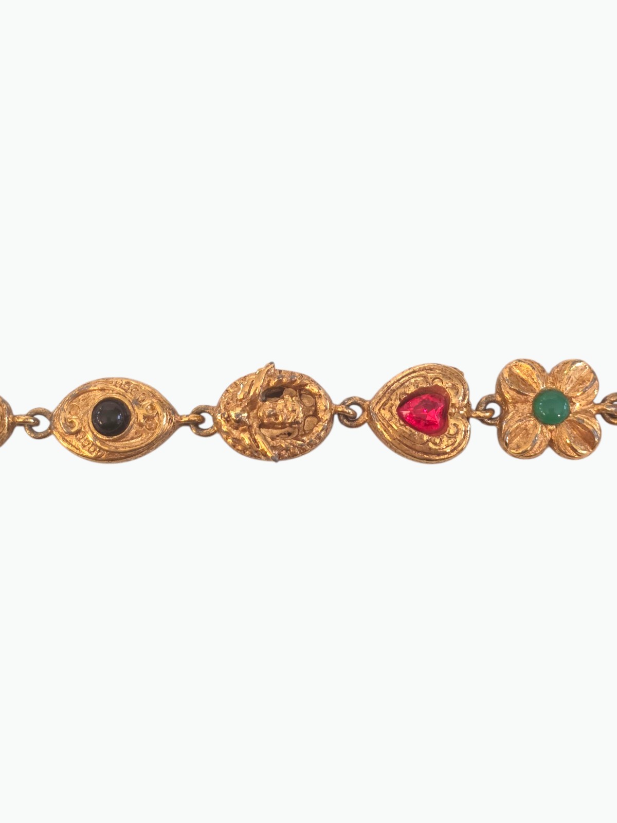 VINTAGE UNSIGNED GOLDETTE VICTORIAN REVIVAL SLIDE CHARM BRACELET