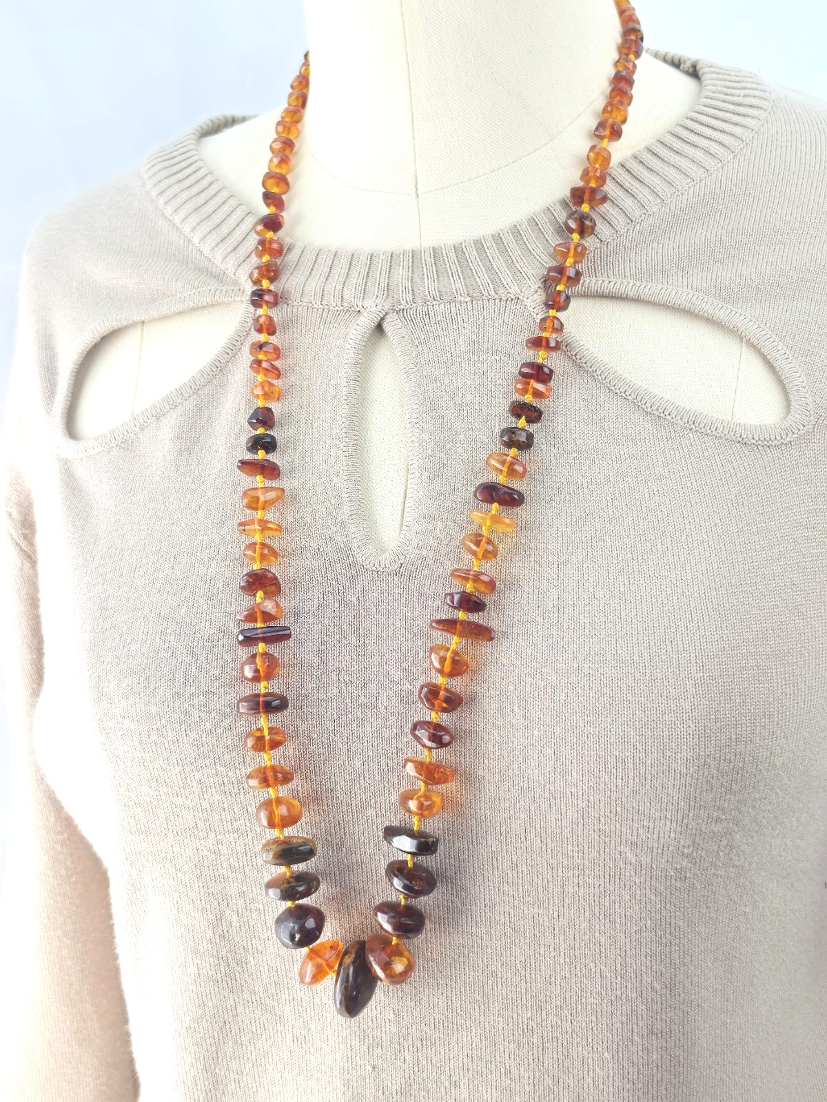 Victorian Natual Baltic Honey Amber Nugget Hand Knotted Graduated Beads Necklace