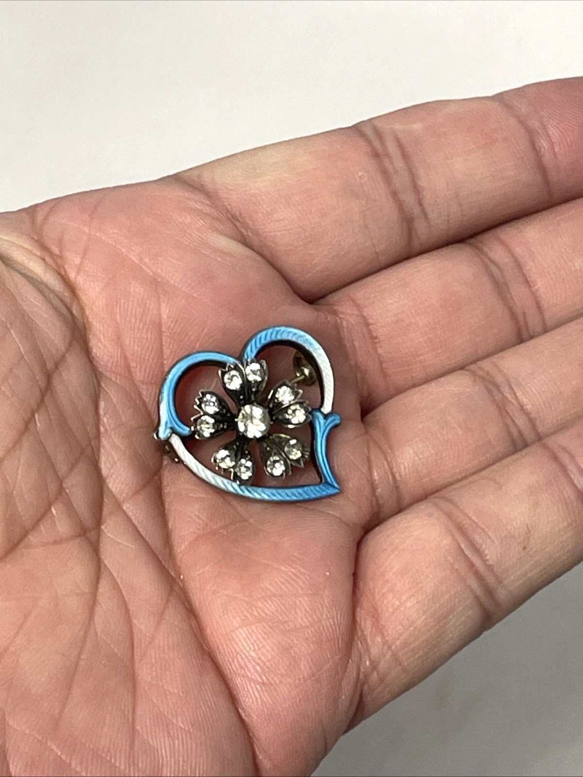 Antique Victorian Edwardian British Silver Paste Witch’s Heart Brooch Enamel 1″