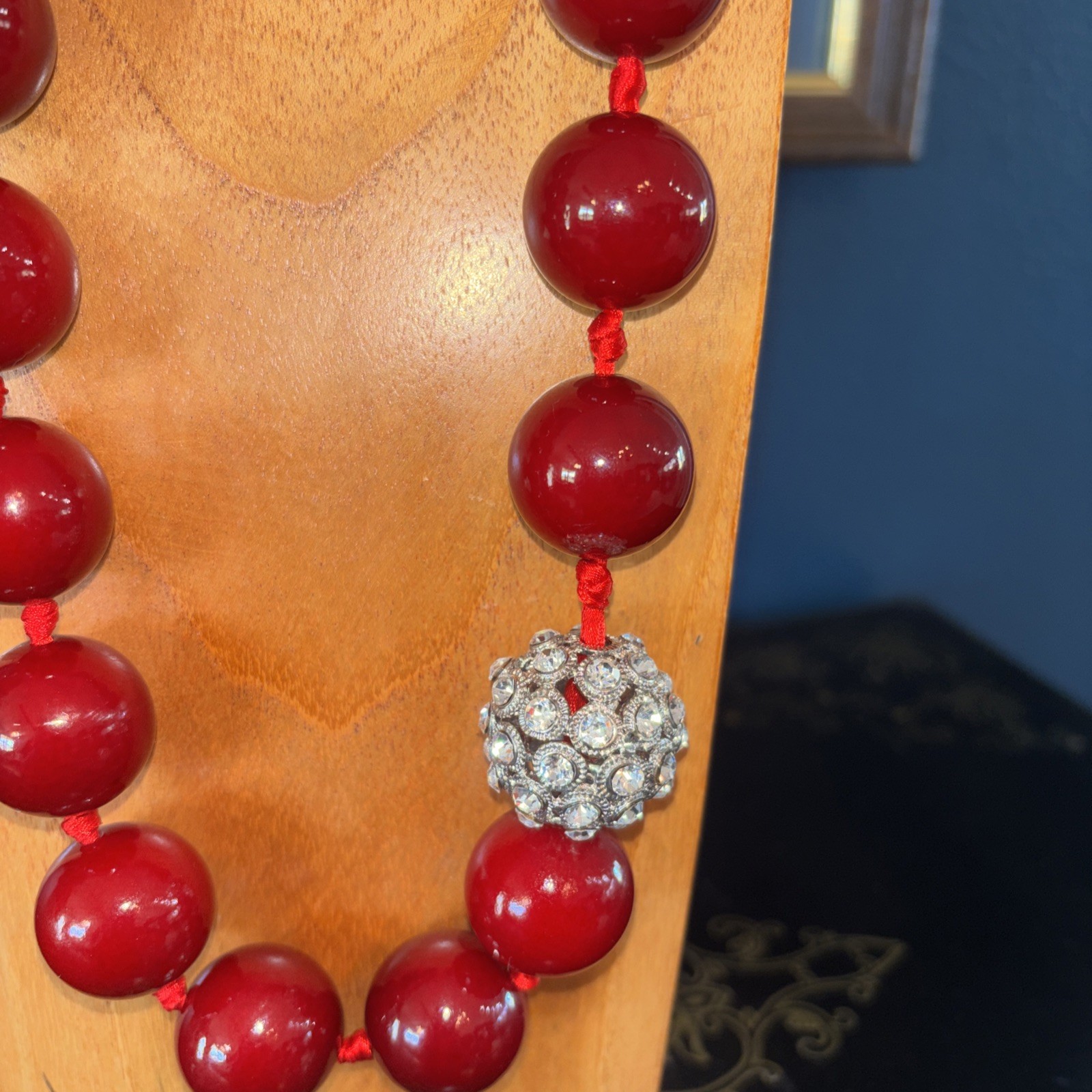 Vintage Inspired Red Resin Hand Knotted Necklace With Rinestone Accent