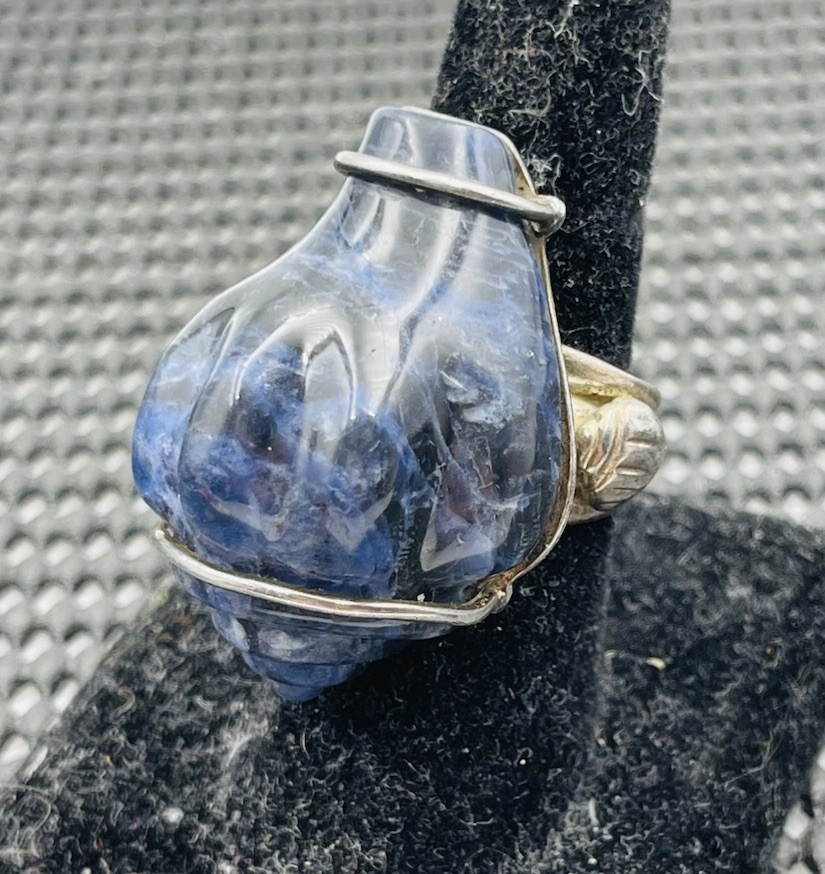 Amy Kahn Russell Vintage Sterling Silver Blue Sodalite Conch Shell Ring Size 7.5