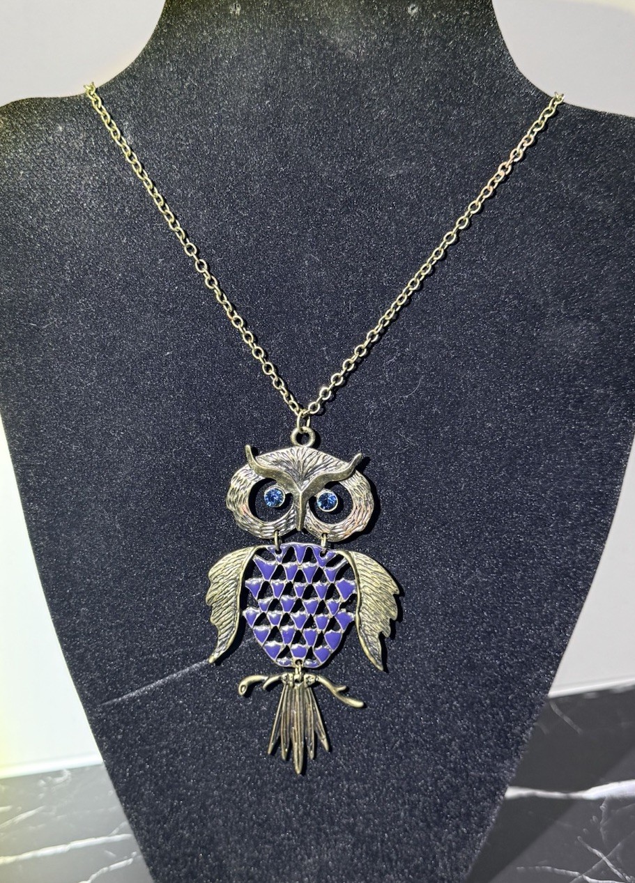 Vtg 1970″s Articulated Owl Pendant 3.75″ Silver Tone Blue Stone Eyes 30″ Chain