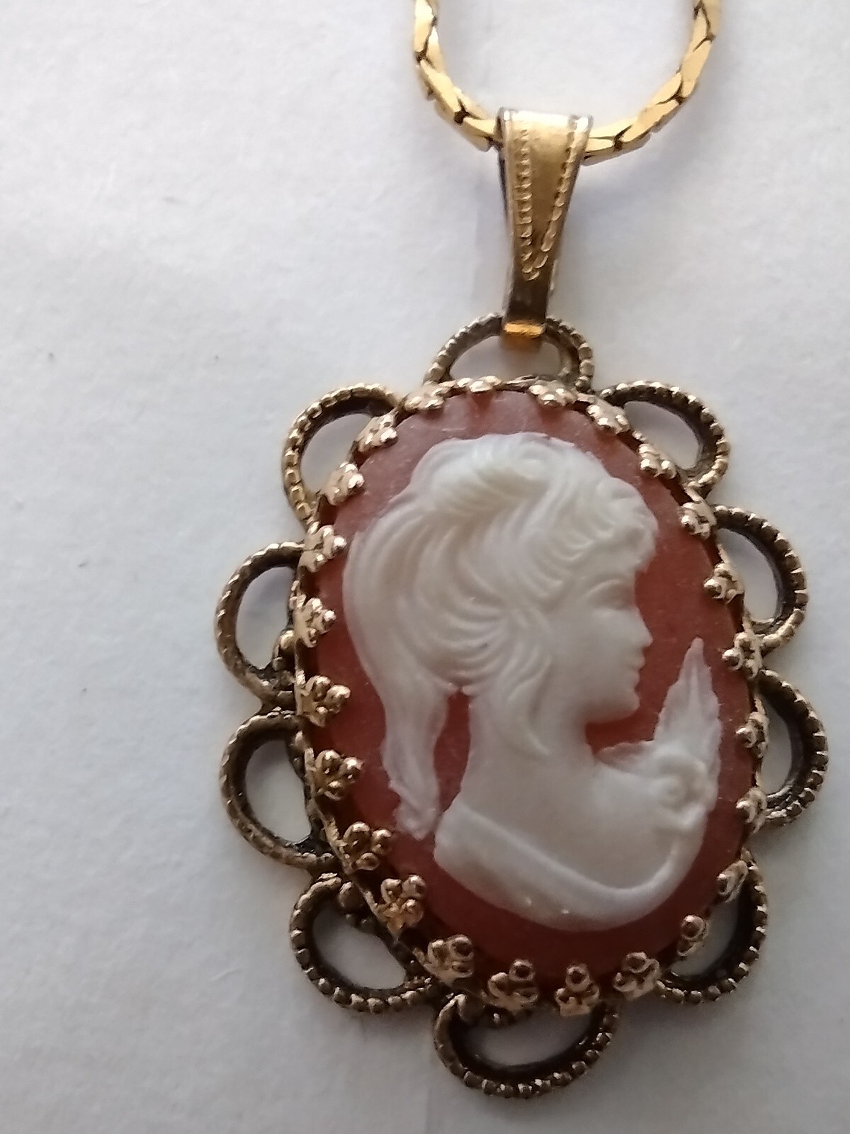 Vintage Cameo Pendant and 18″ Gold Tone Chain Burnt Orange and Cream~Beautiful!