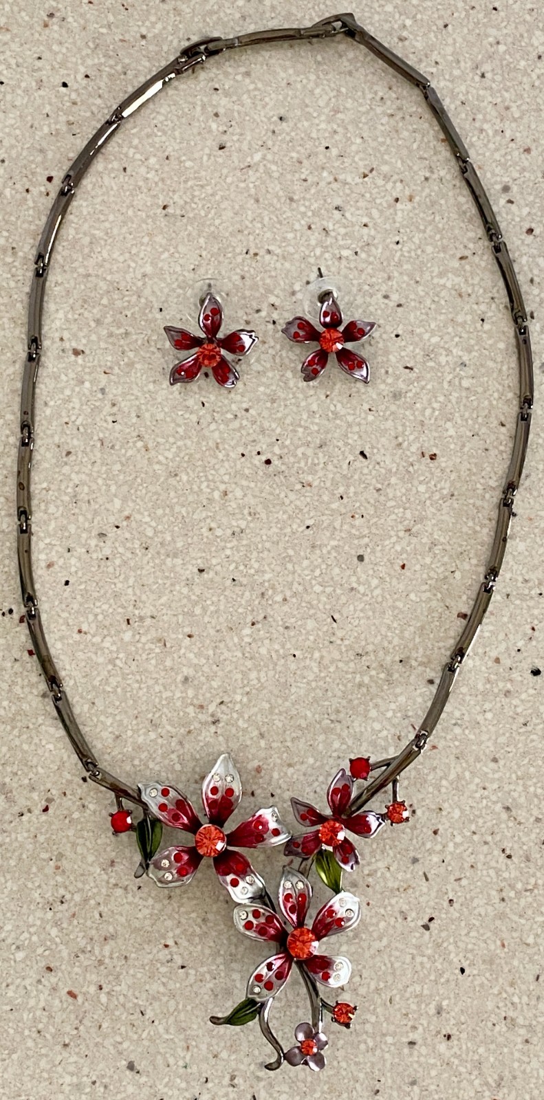 Vintage Ruby Red Enamel & Rhinestone Floral Statement Set Necklace Earrings