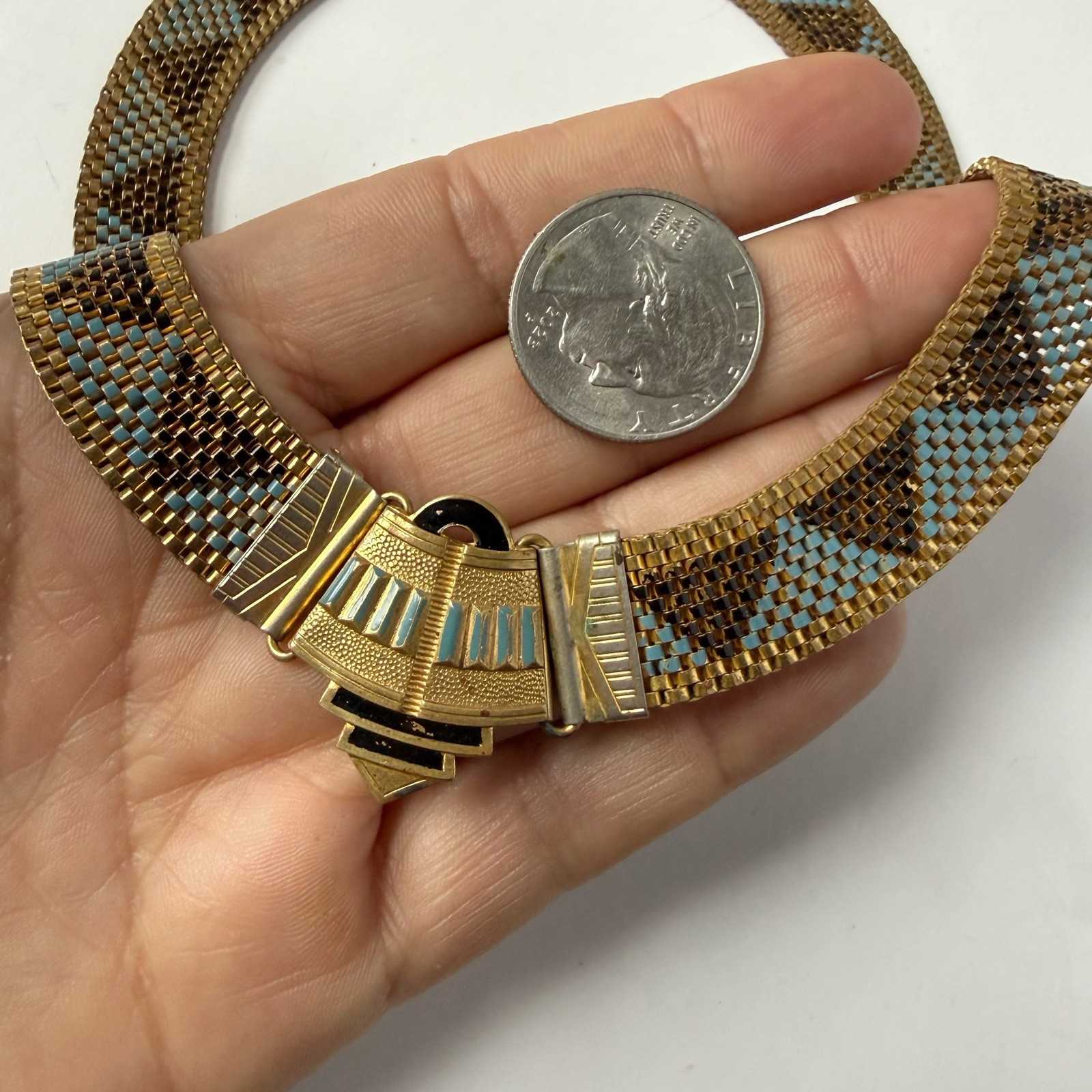 Antique Art Deco Egyptian Revival Enamel Geometric Mesh Collar Necklace 16”