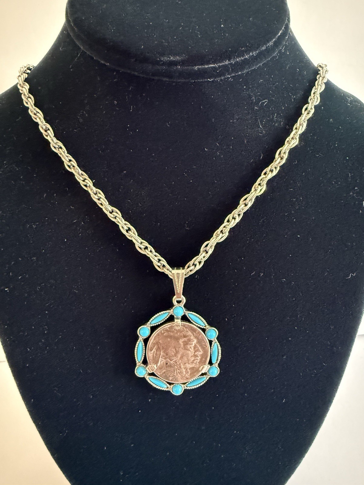 Vtg Indian Head Buffalo Nickel Coin Necklace Turquoise Accents 24″ + Feather 18″