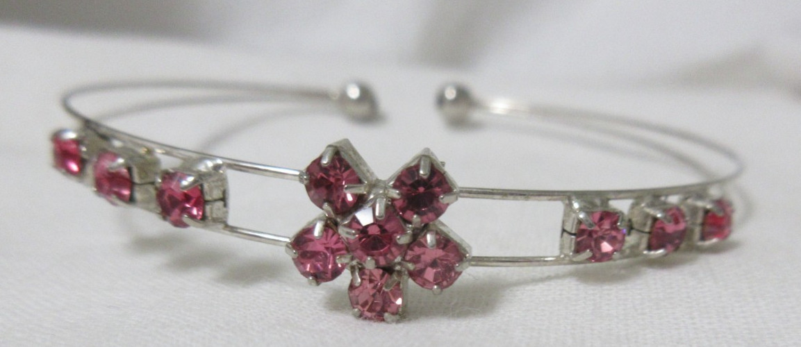 Vintage Silver Tone Pink Rhinestone Flower Cuff Bracelet 6 1/2 Inches
