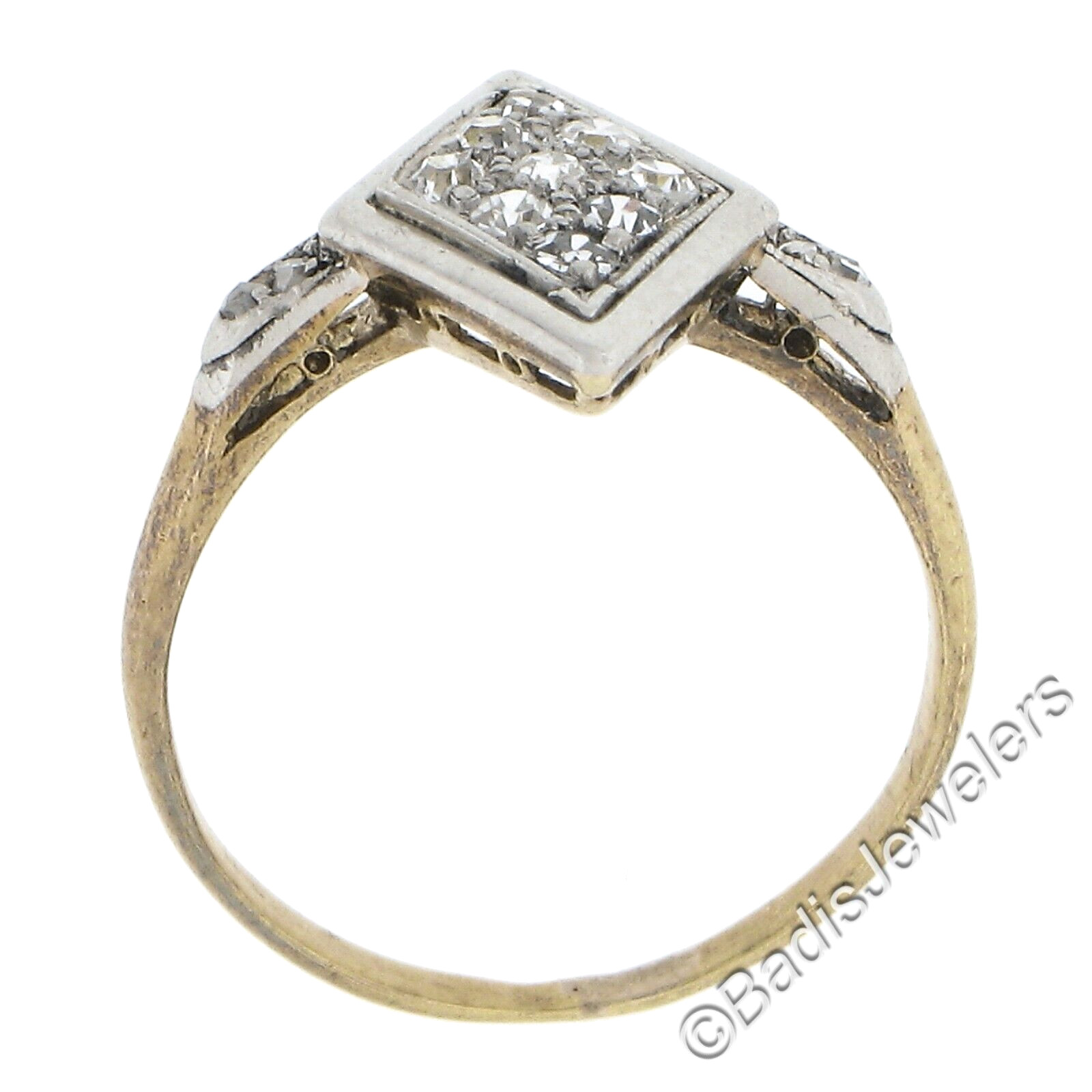 Antique Edwardian 18K Yellow Gold & Platinum Old Cut Diamond Lozenge Shape Ring