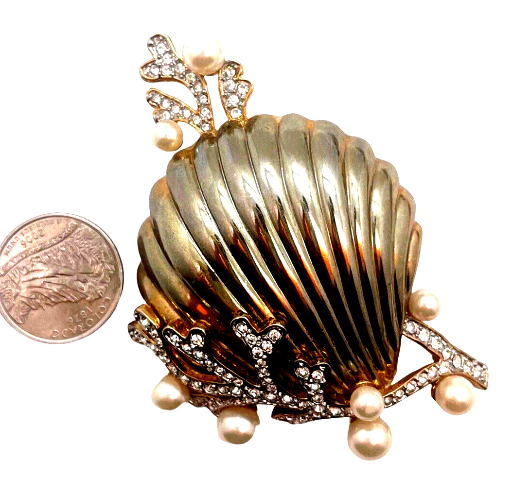 Under The Sea Huge Figural Shell & Rhinestone Embedded Coral Vintage Brooch!
