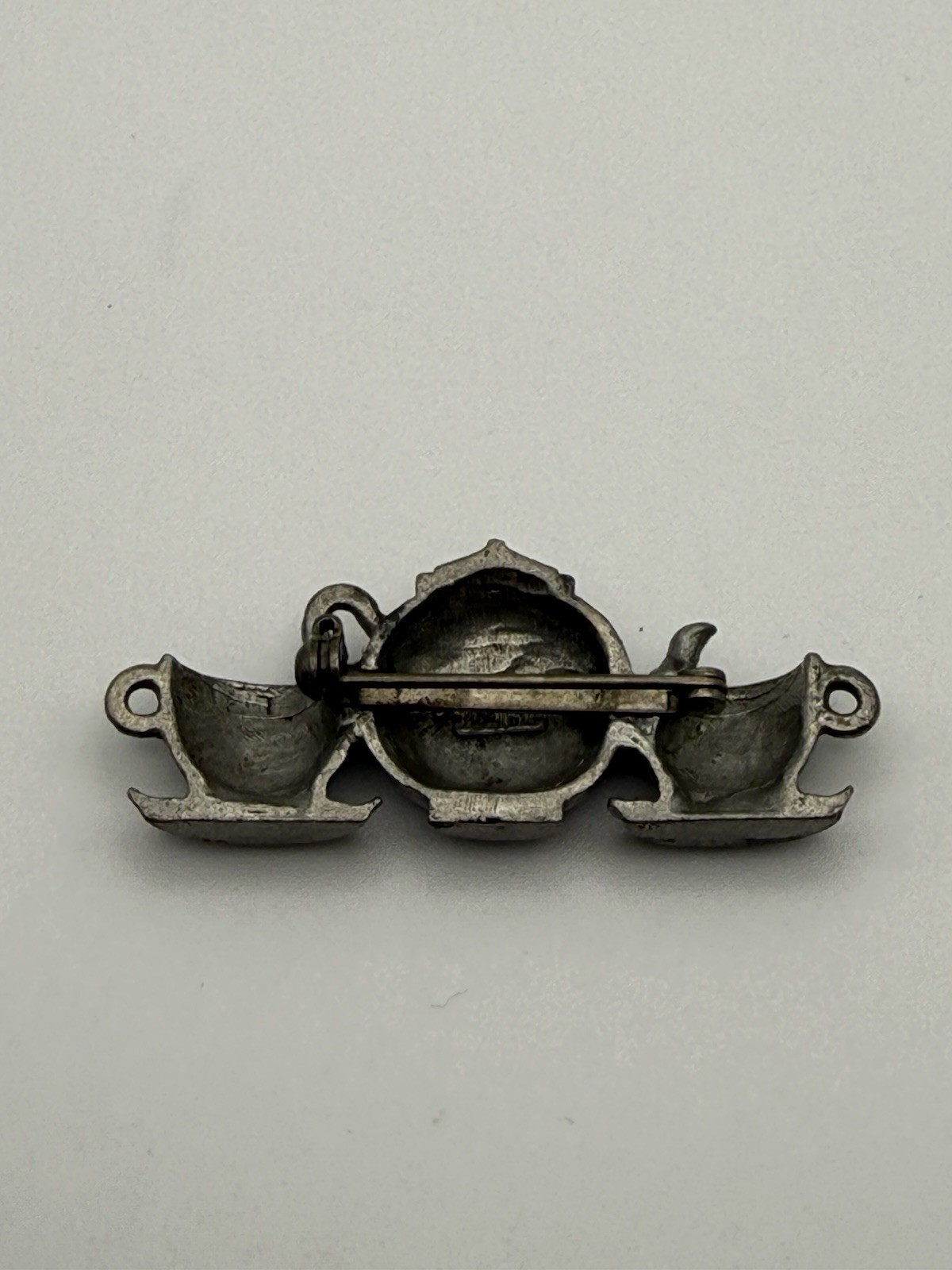 Vintage Jim Clift Tea Time Brooch Pin Teapots & Teacups Pewter 2.2 Inches