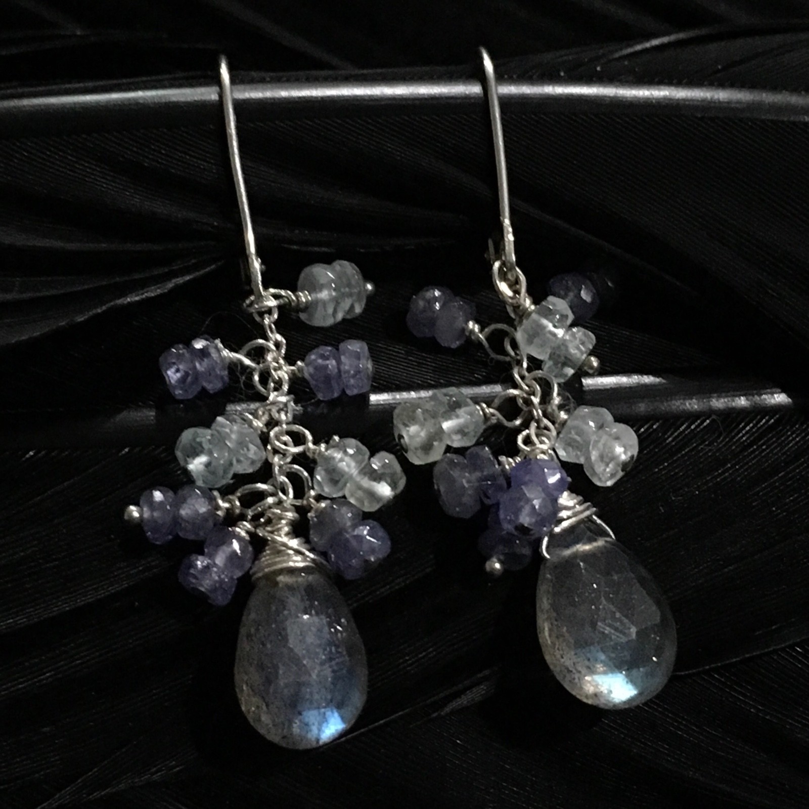 PRETTY ESTATE STERLING SILVER LABRADORITE & IOLITE DANGLE EARRINGS 1 13/16” LONG