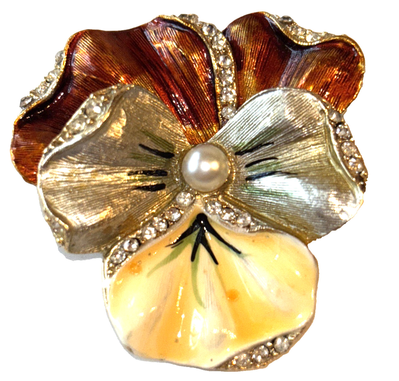 VTG Enamel Pansy Brooch Rhinestones Faux Pearl Spring Yellow Gold Tone Read