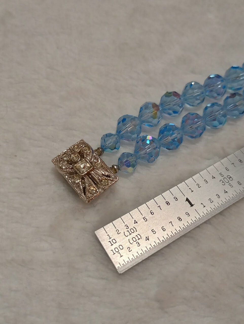 Vintage Beaded Bracelet 2 Strand Blue Glass/Crystal Beads Fancy Box Tab Clasp