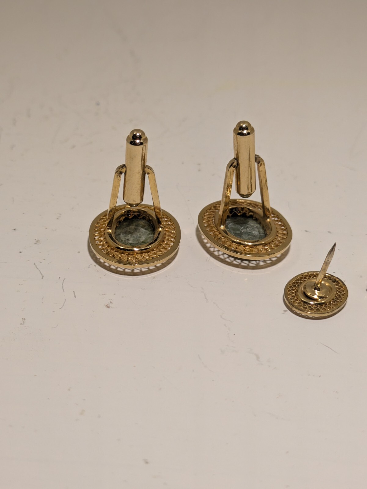 Mid-Century Hadley Cufflinks And Tie Tack Pin Green Glass Rhinestone Gold-tone