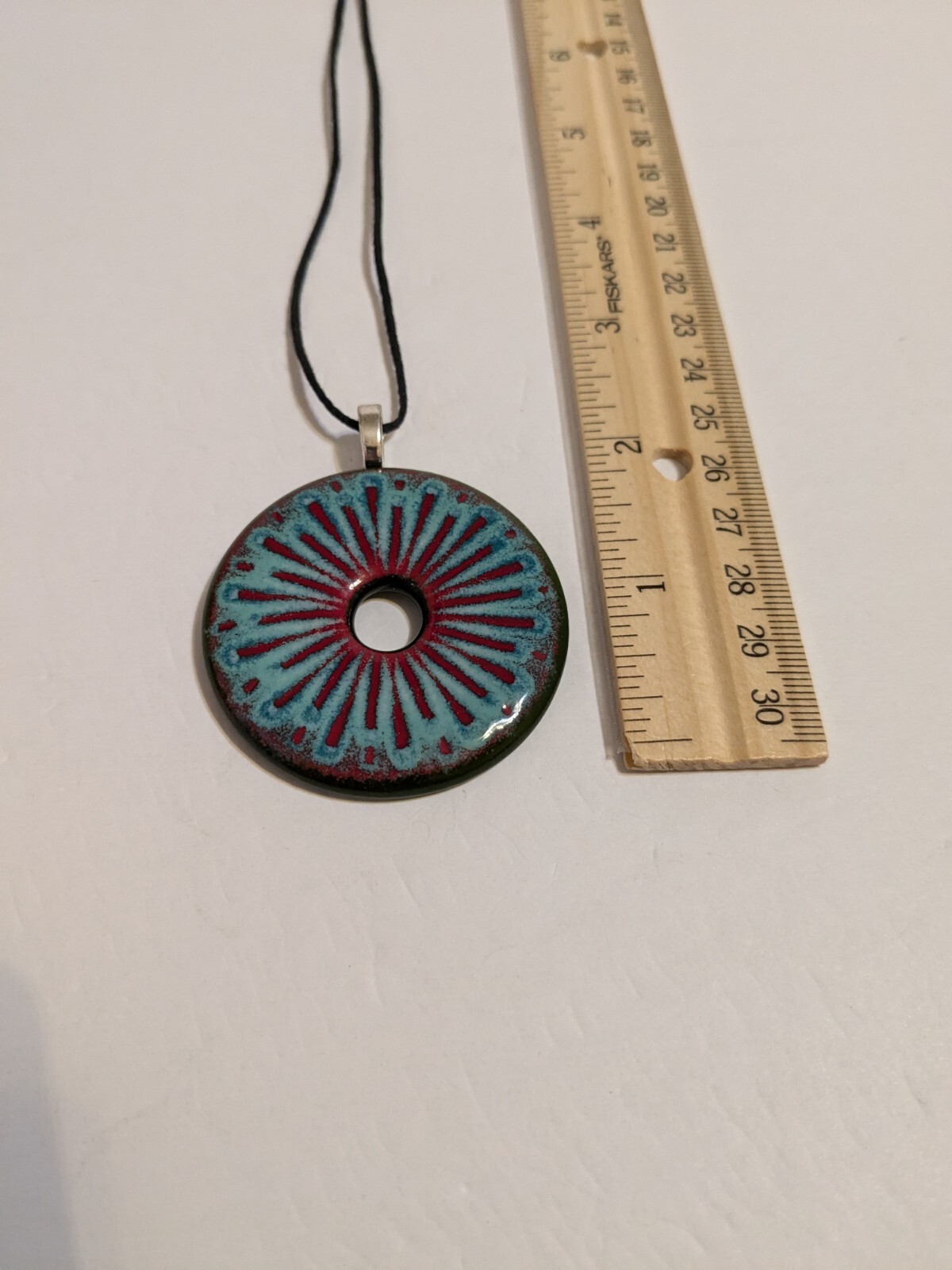 Round Multicolor Resin Pendant And Black Cord Necklace. FLAWED Cord.