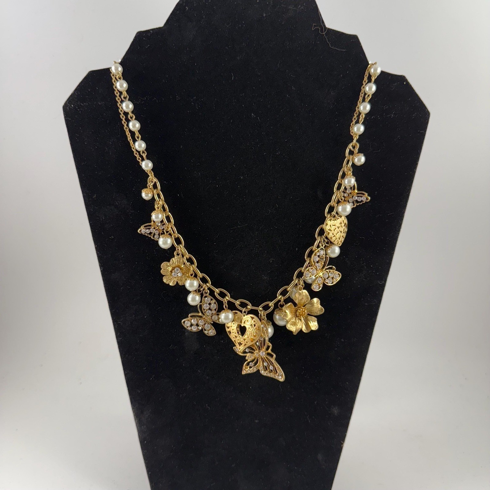 Vintage 1990's Era Charm Style Necklace Butterflies, Hearts and Flowers