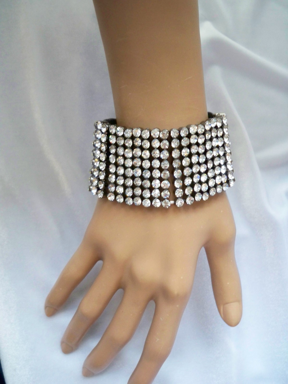 Wide 8 Row Pave Set Crystal Rhinestone & Black Faux Leather Snap Bracelet