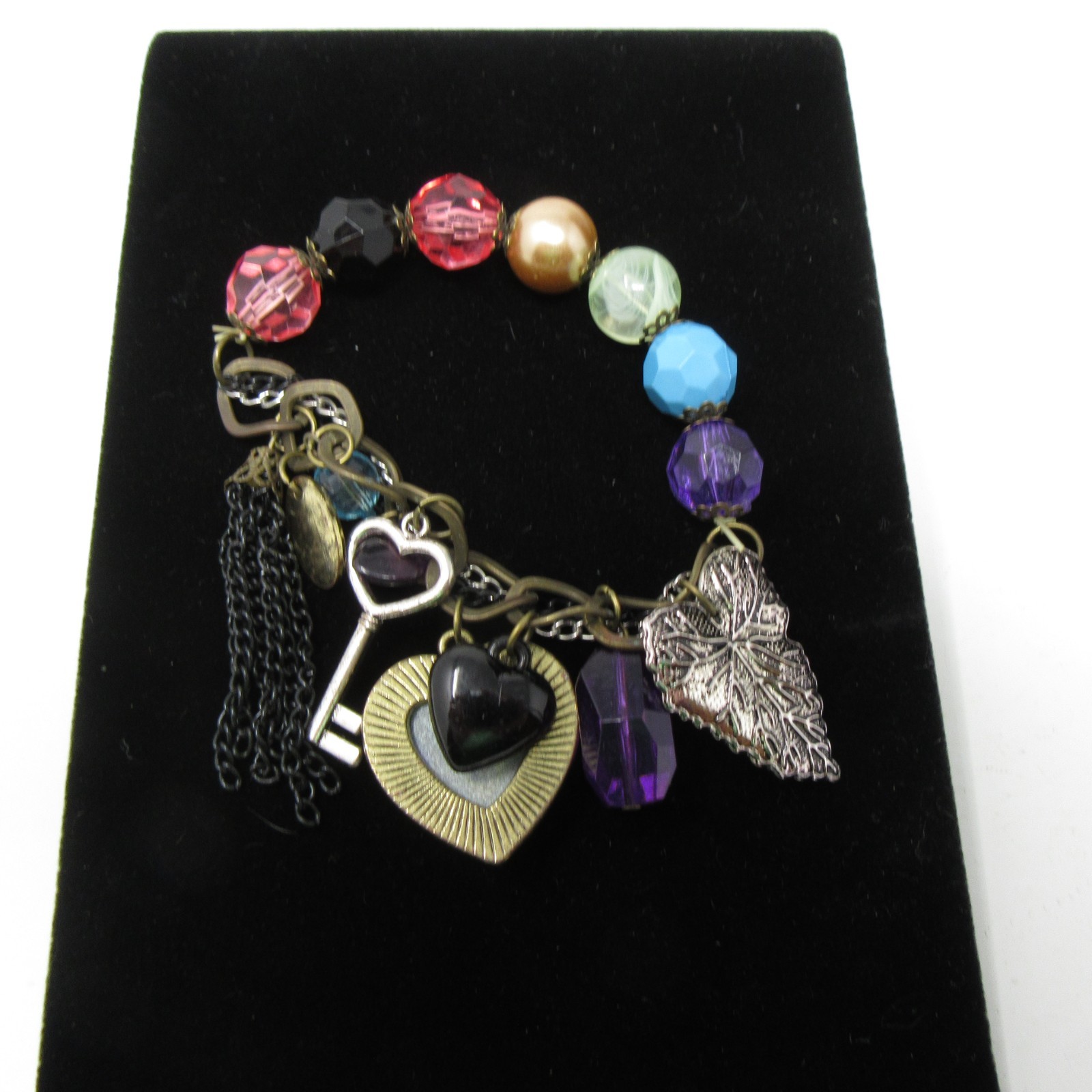 Tutti Frutti Peacock Beaded Multi Charm Heart Tassel Stretch Bracelet 7″ inch vt