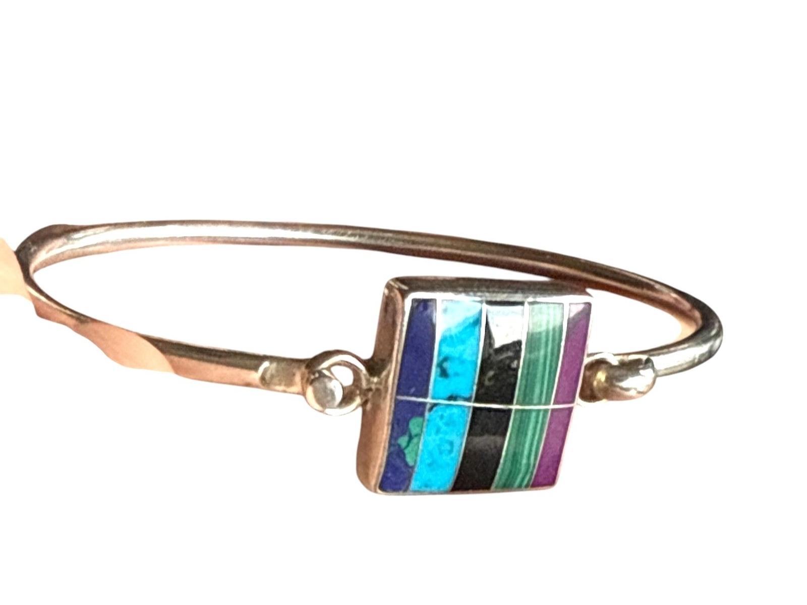 Vintage CII Mexico Sterling Silver Bracelet W/ Inlaid Multicolor Gemstone Panel
