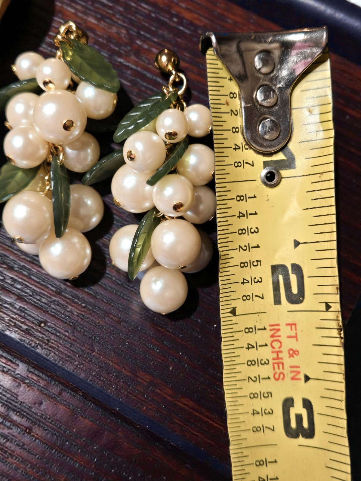 Vintage 1990s Avon Faux Pearl Grape Cluster Lucite Green Leaves Pierced Earrings