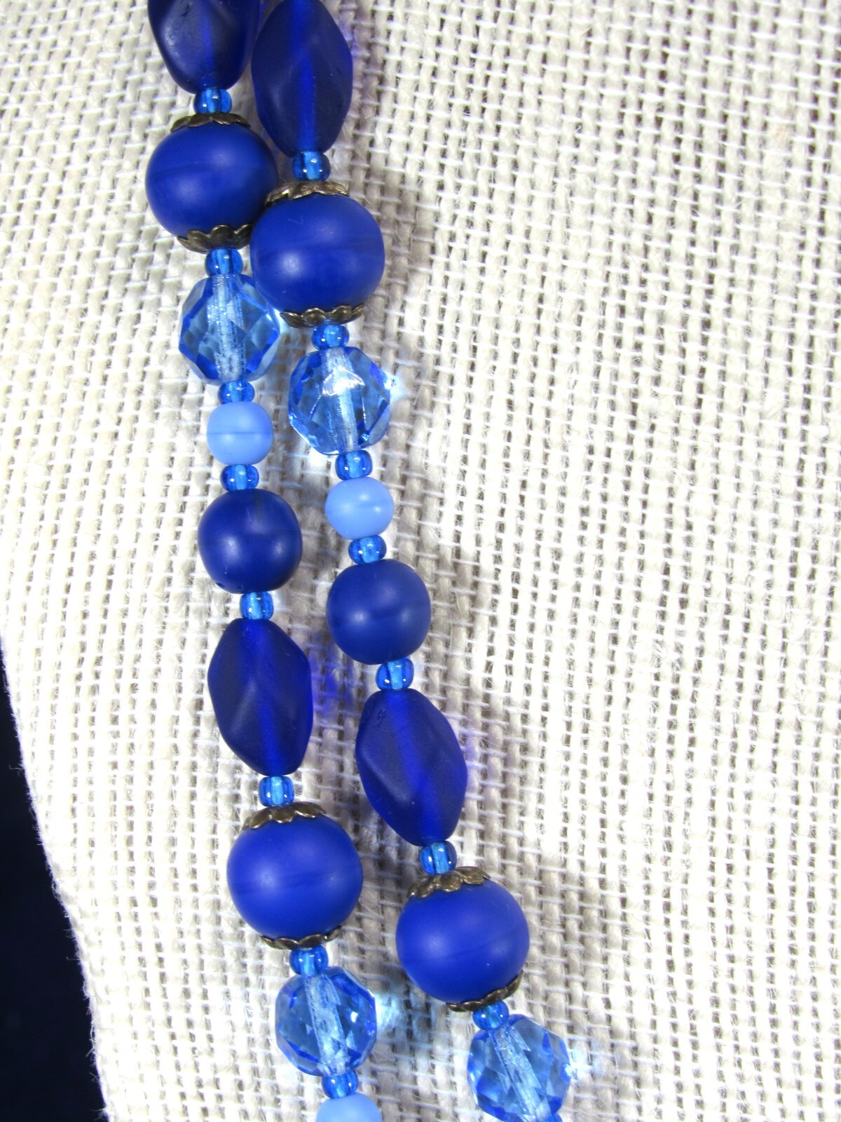 Vintage Blue and Purple 2 Strand Art Glass Bead Necklace with Sea Glass Finish.