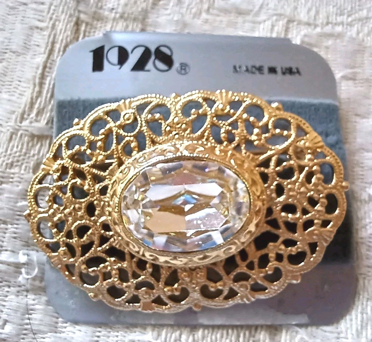 1928 Vintage 1980s Brooch Pin Large Sparkly Center Clear Stone Filigree Surround