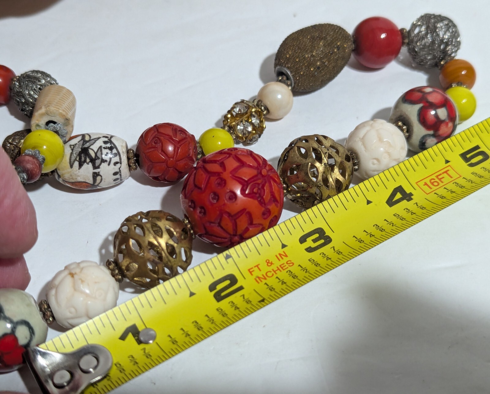 Asian Inspired 34” Long Beaded Necklace Ceramic Beads Rhinestones Wood and Glass