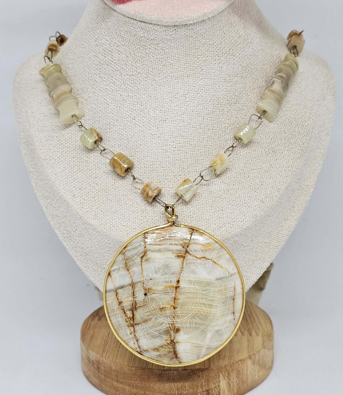 Vintage Carved Agate Beaded Necklace Etched Aztec Sun Disc Pendant
